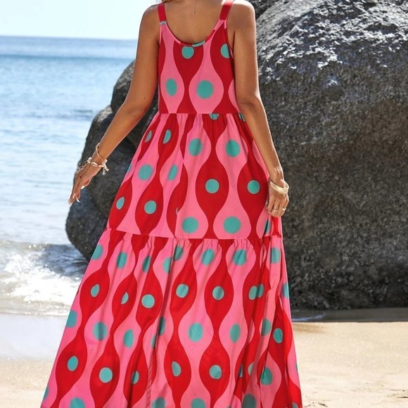 Hot Pink Boho Womens Allover Print Ruffle Hem Cami Dress - Picture 2 of 5